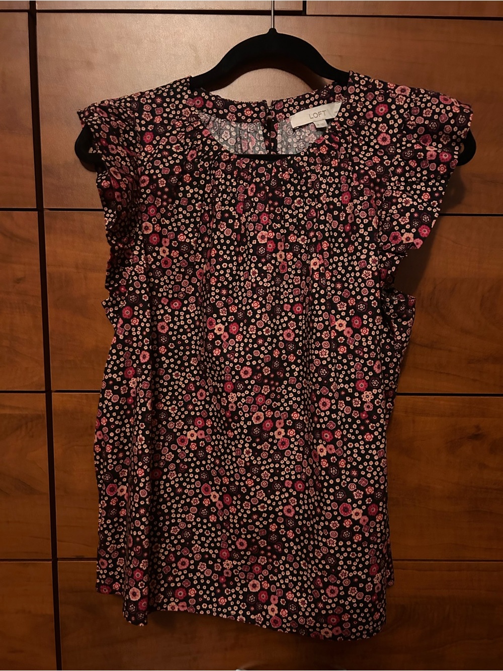LOFT Black Top with Pink Floral Print and Ruffle Sleeves